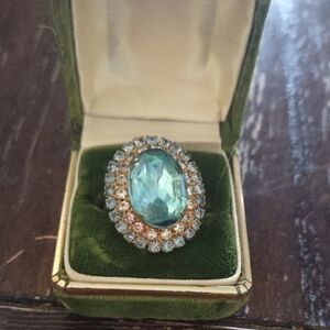 Vintage Aqua Oval Crystal Cocktail Ring in Gold Tone